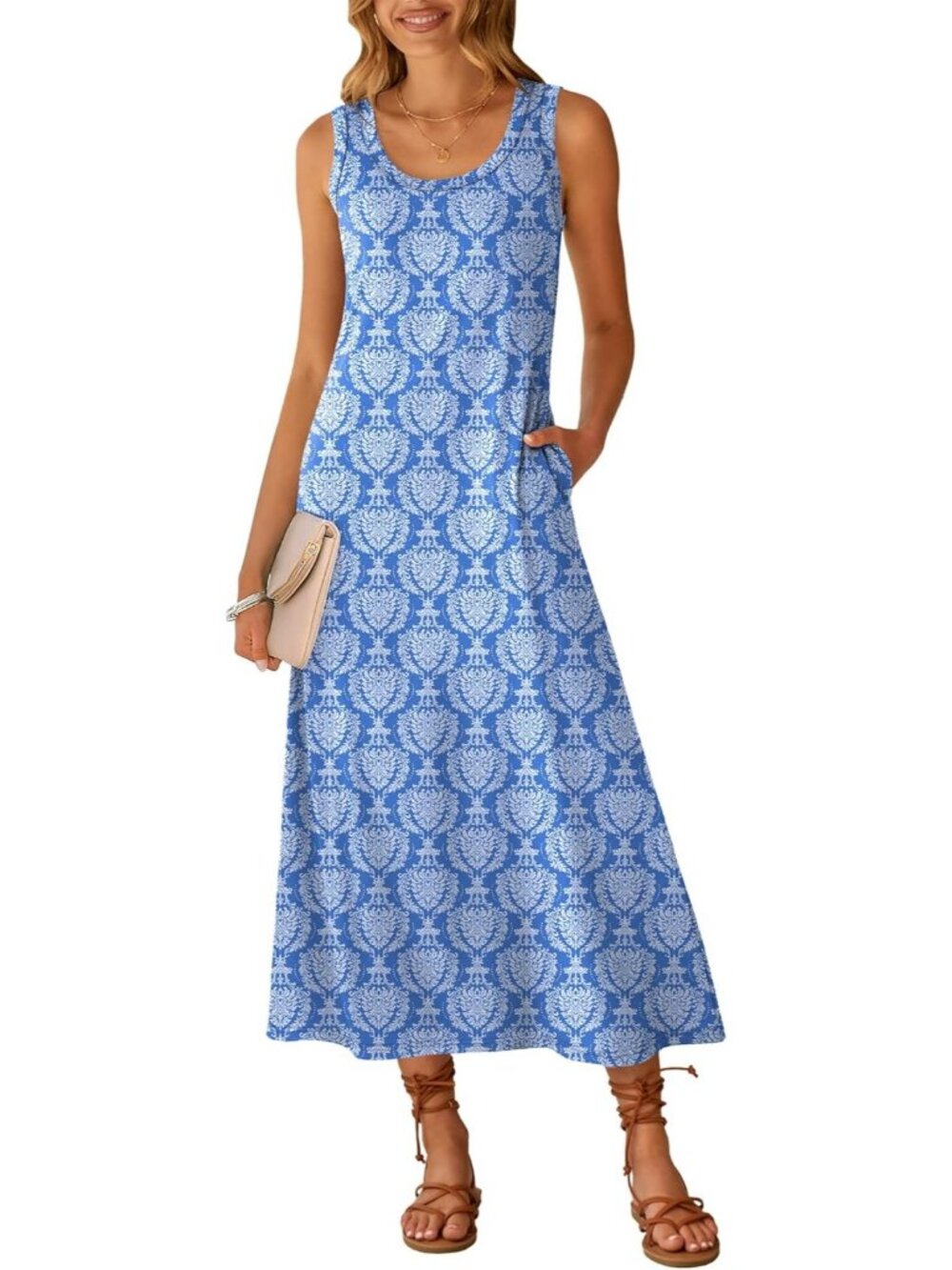Women's Blue Print Scoop Neck Sleeveless Long Tank Maxi Dress Summer Sundress
